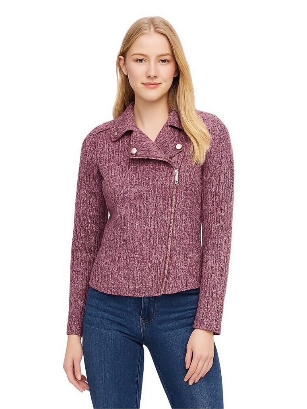 New White House Black Market Textured Asymmetrical Zip Jacket in Dusty Rose
